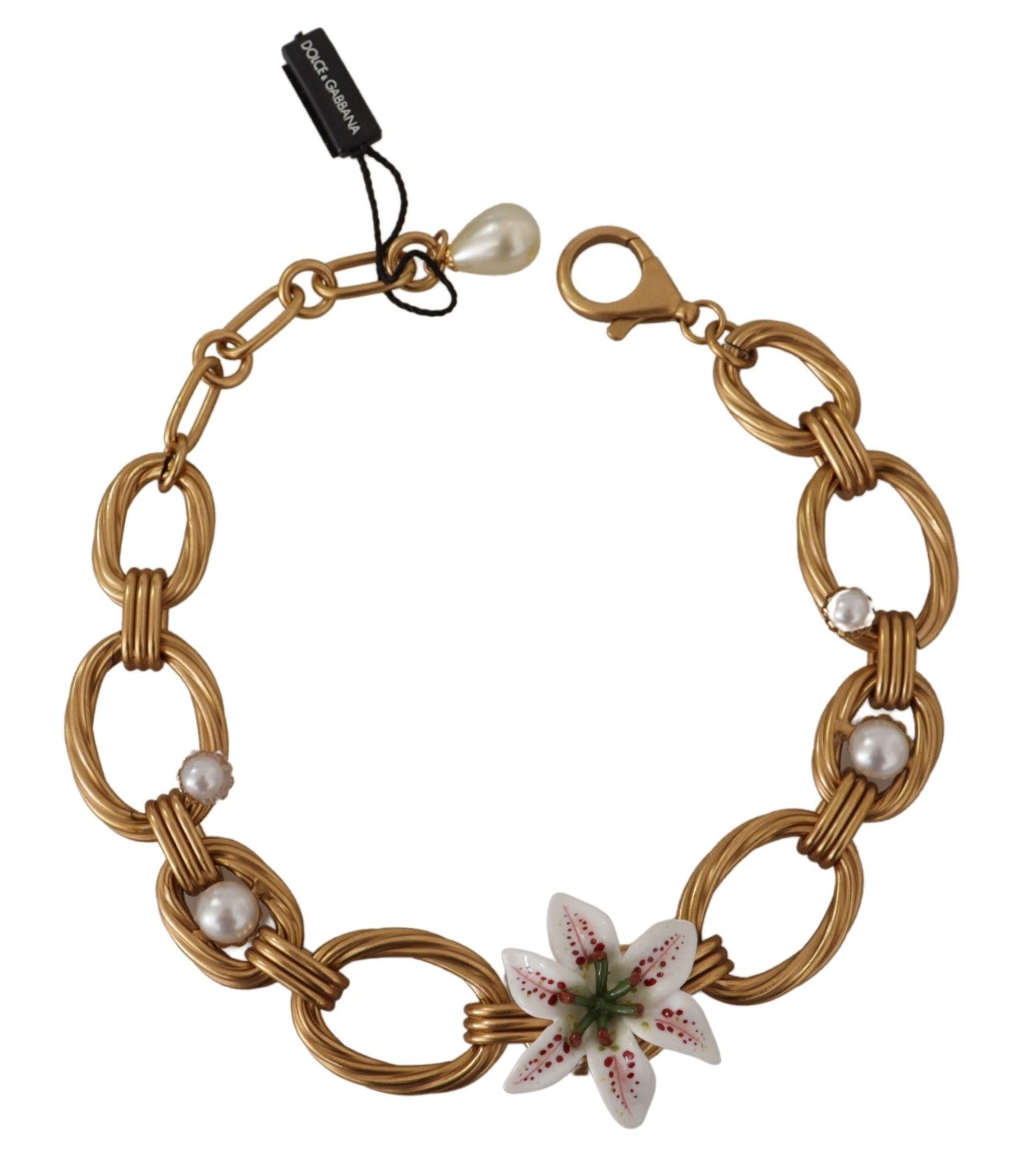 Gold White Lily Floral Chain Statement Necklace