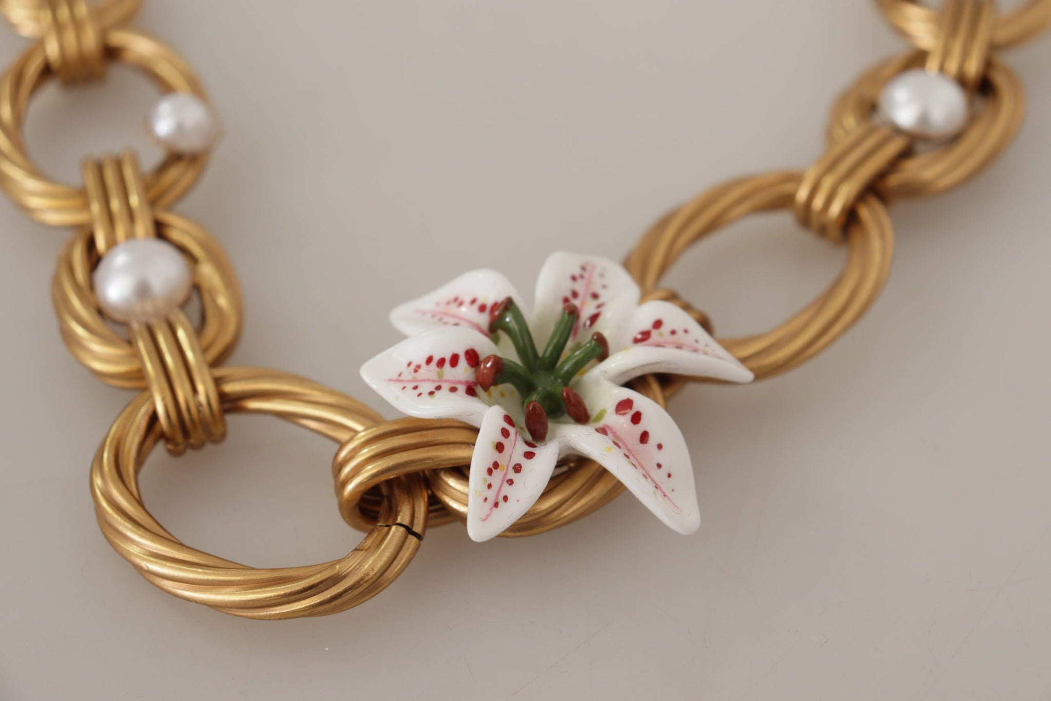 Gold White Lily Floral Chain Statement Necklace