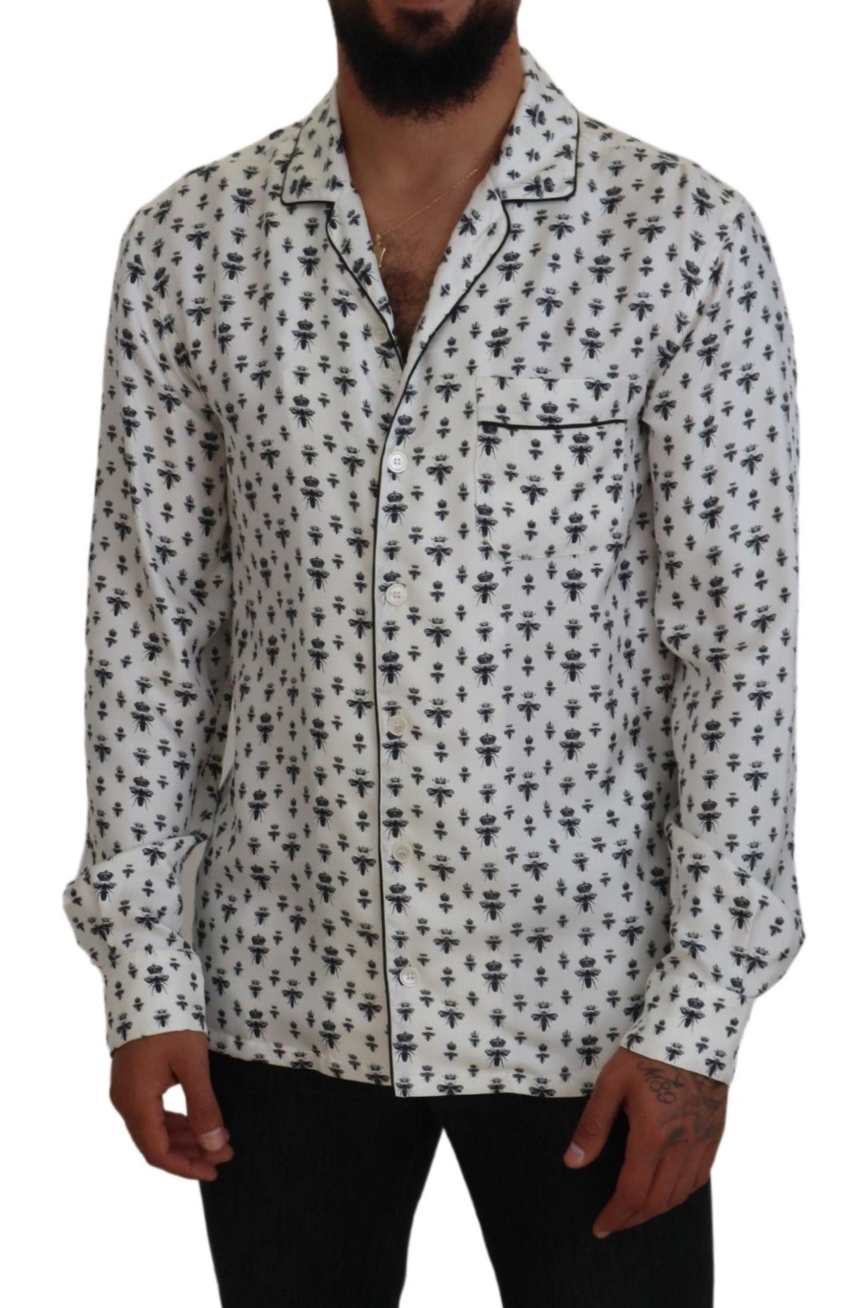 Dolce & Gabbana White Crown Bee Print Long Sleeve Pajama Top