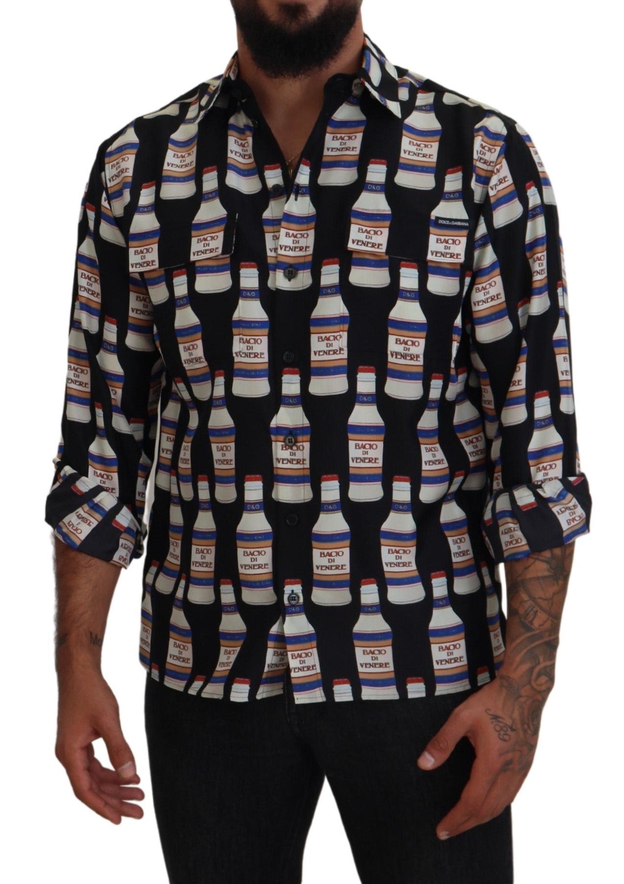 Dolce & Gabbana Black Silk Printed Collared Men Casual Shirt