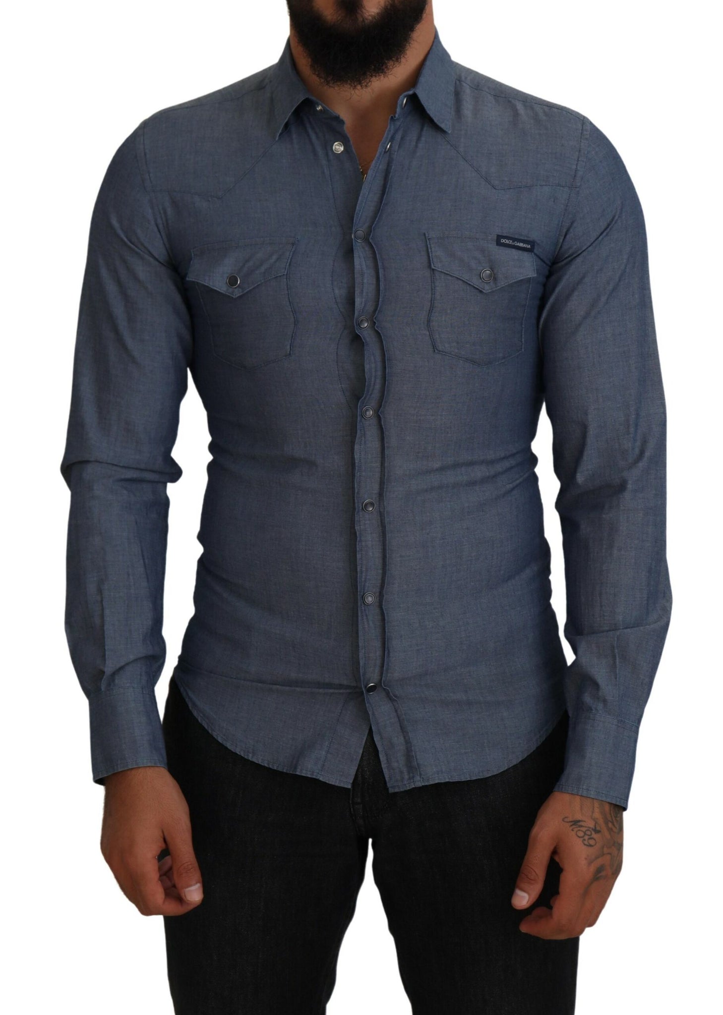 Dolce & Gabbana Blue Cotton Collared Long Sleeve Casual Shirt