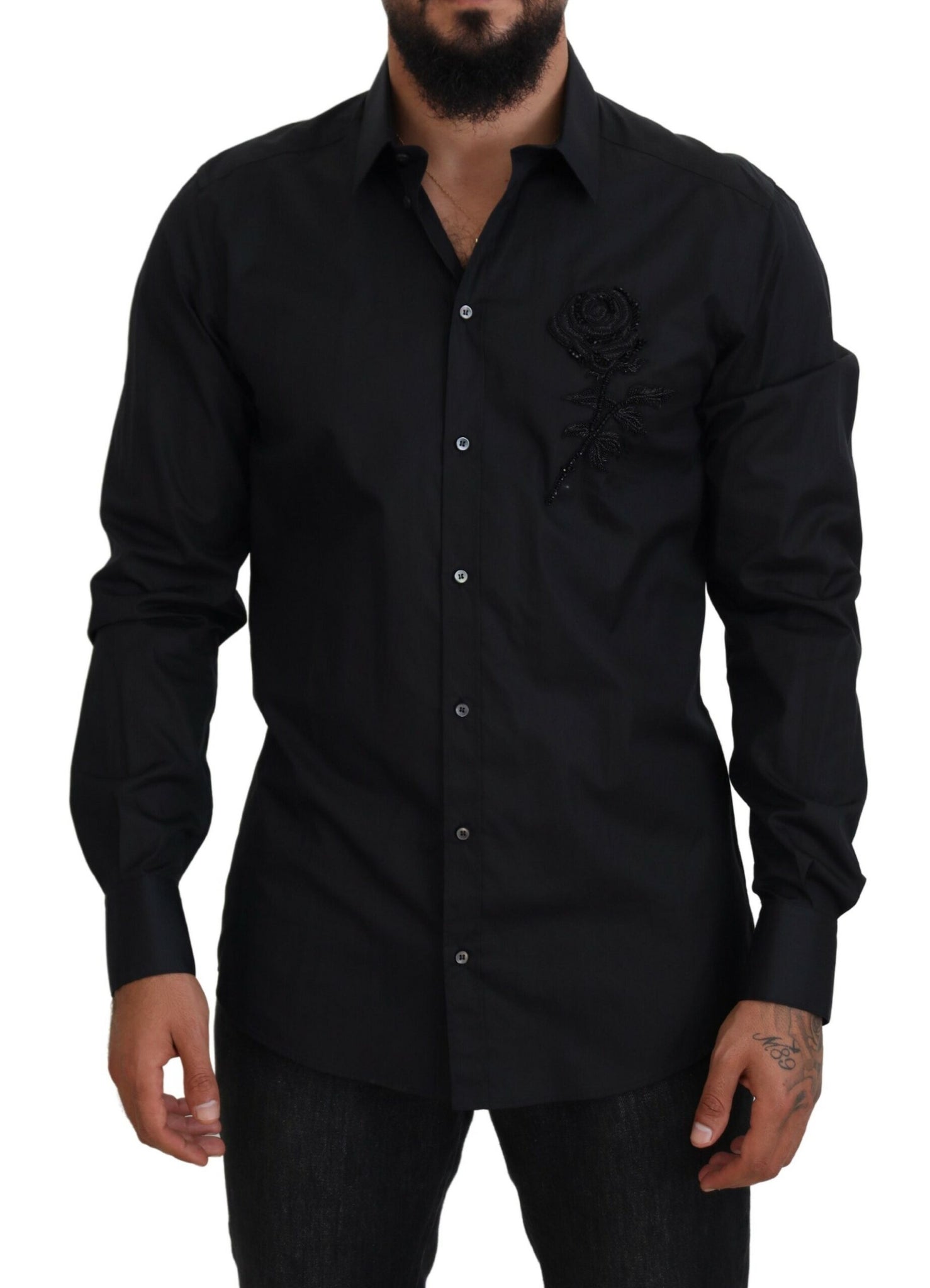 Dolce & Gabbana Black Roses Slim Fit Cotton Shirt