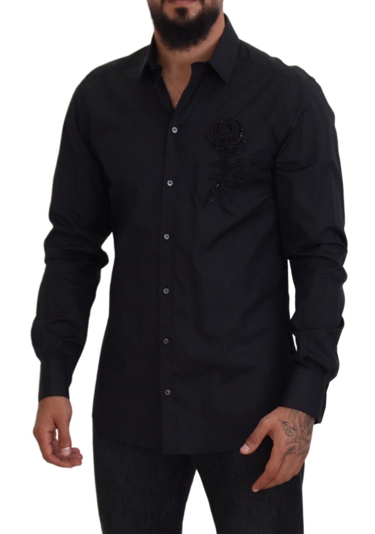 Dolce & Gabbana Black Roses Slim Fit Cotton Shirt