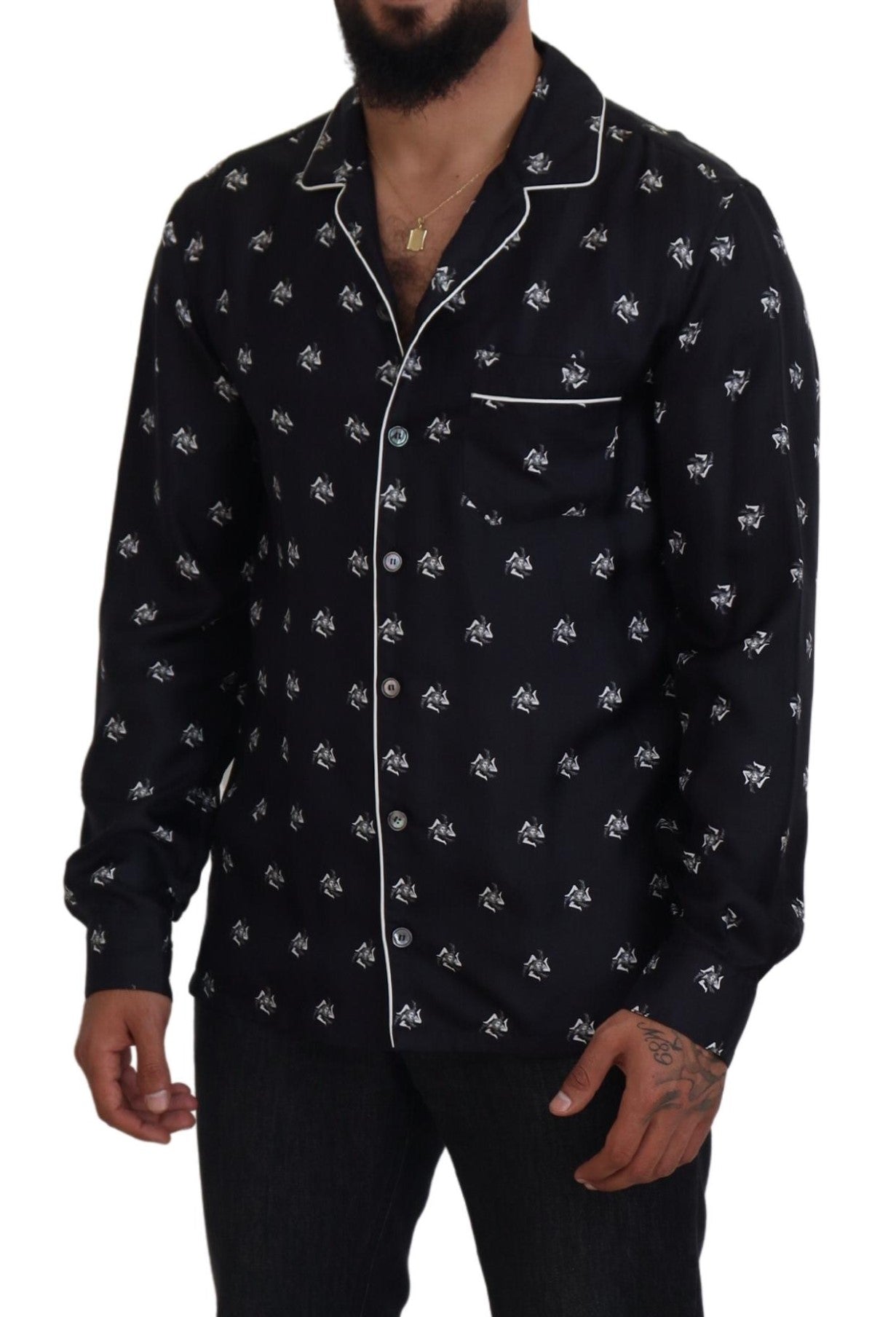 Dolce & Gabbana Black Printed Collared Men Long Sleeve Pajama Top