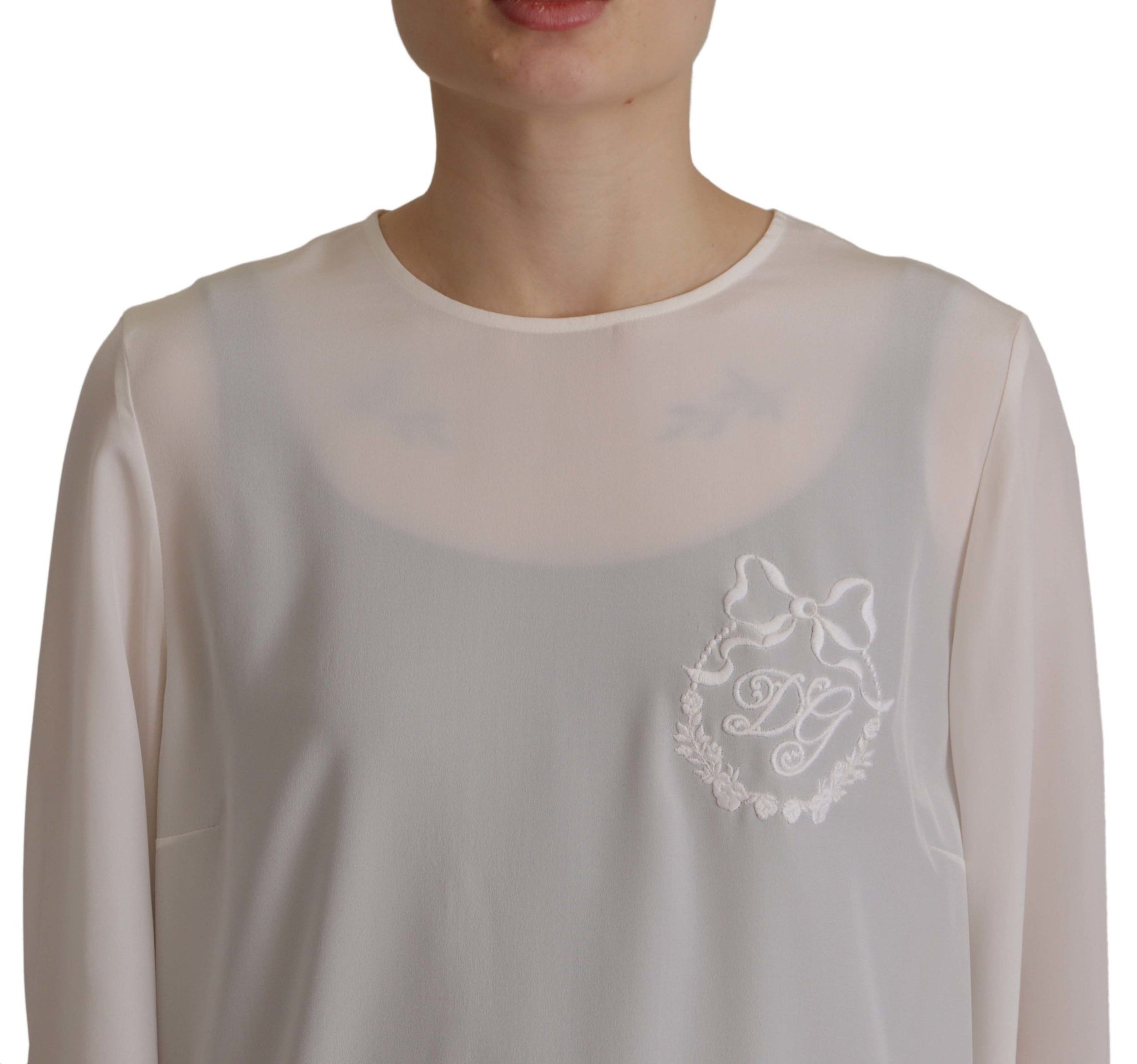 White Silk DG Logo Embroidered Long Sleeves Blouse