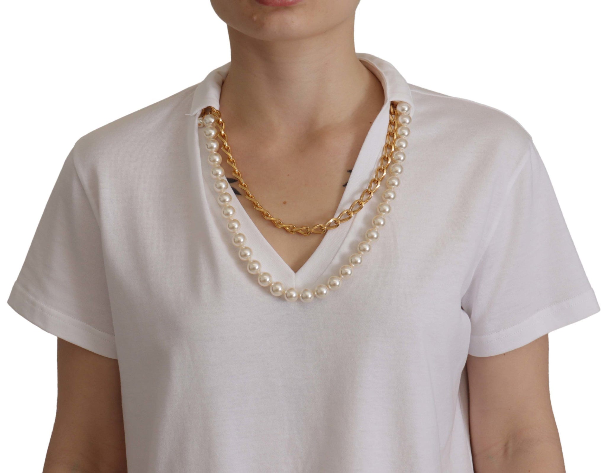 White Necklace Embellished Neckline T-shirt Top