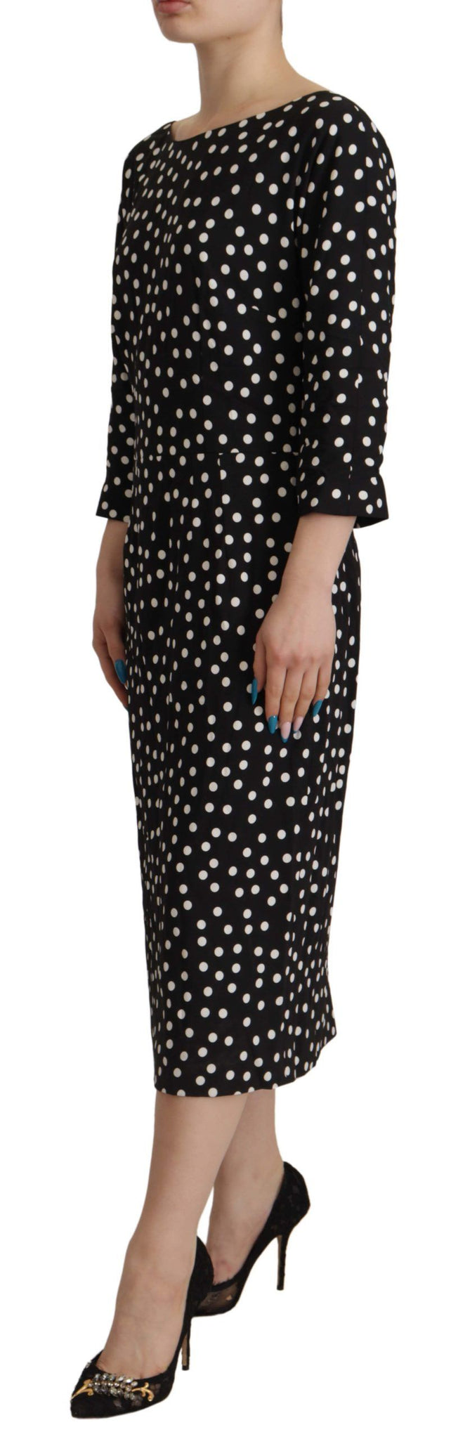 Black White Polka Dots Sheath Midi Viscose Dress