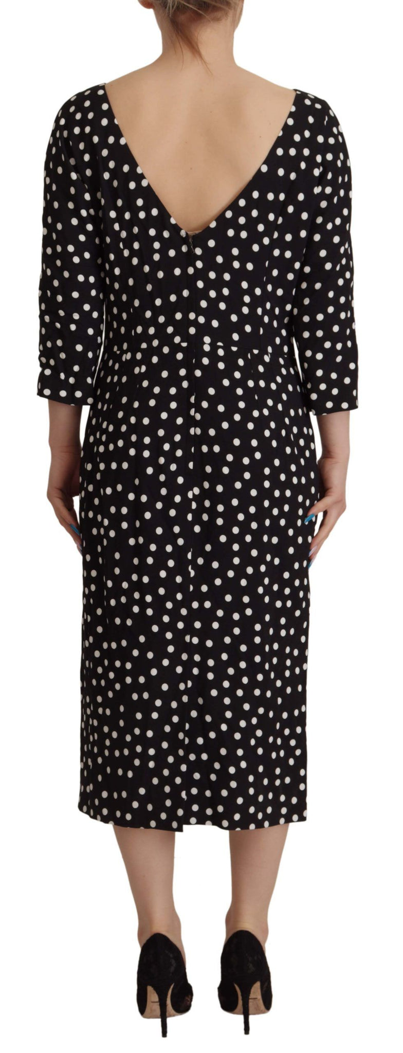 Black White Polka Dots Sheath Midi Viscose Dress