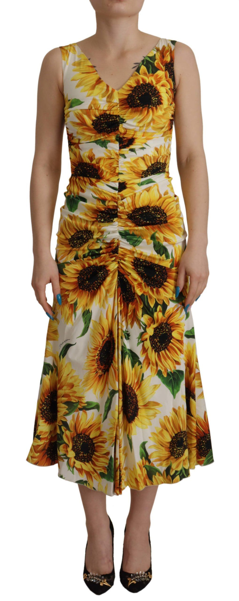 White Sunflower Print Sheath Midi Silk