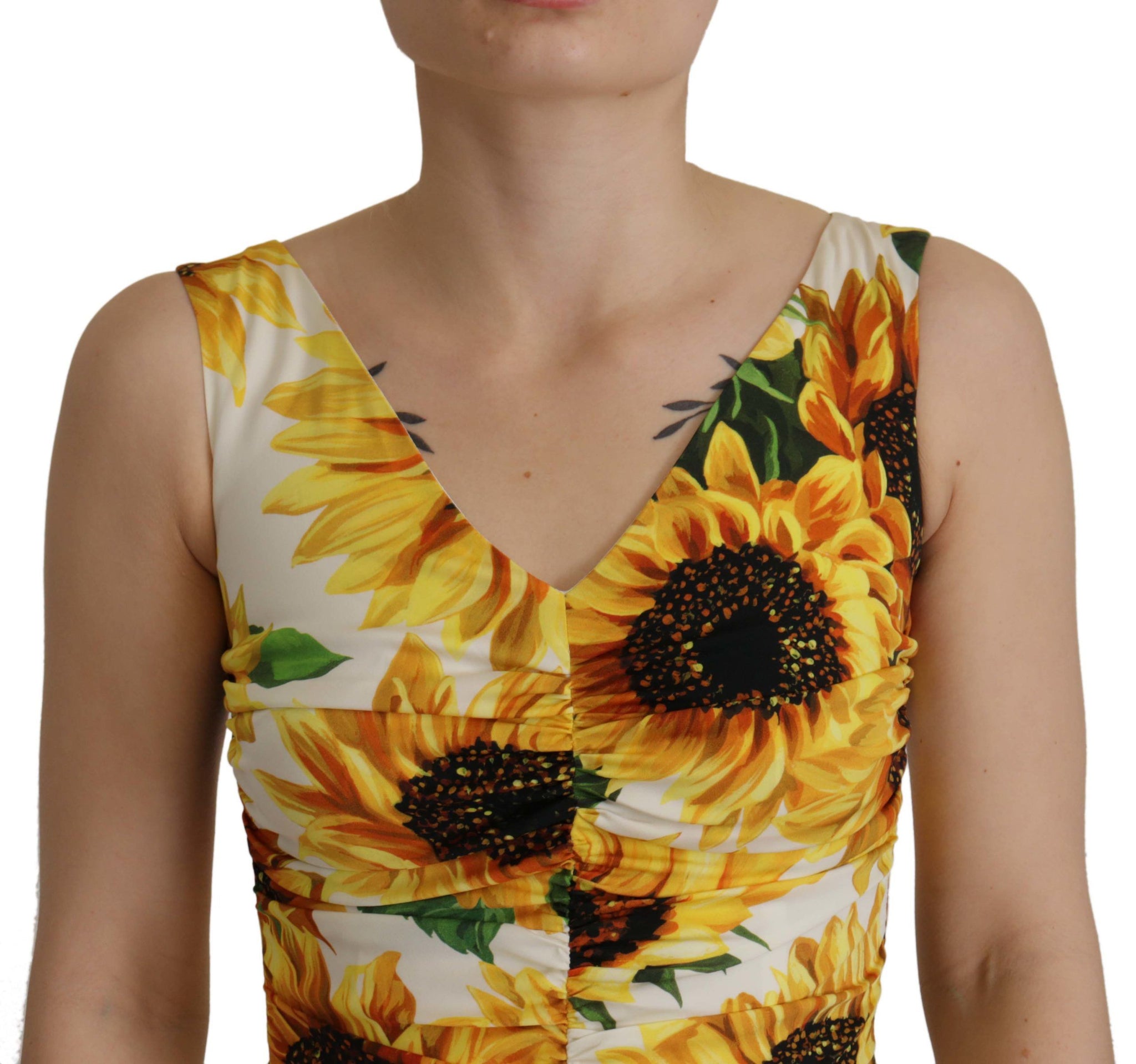 White Sunflower Print Sheath Midi Silk