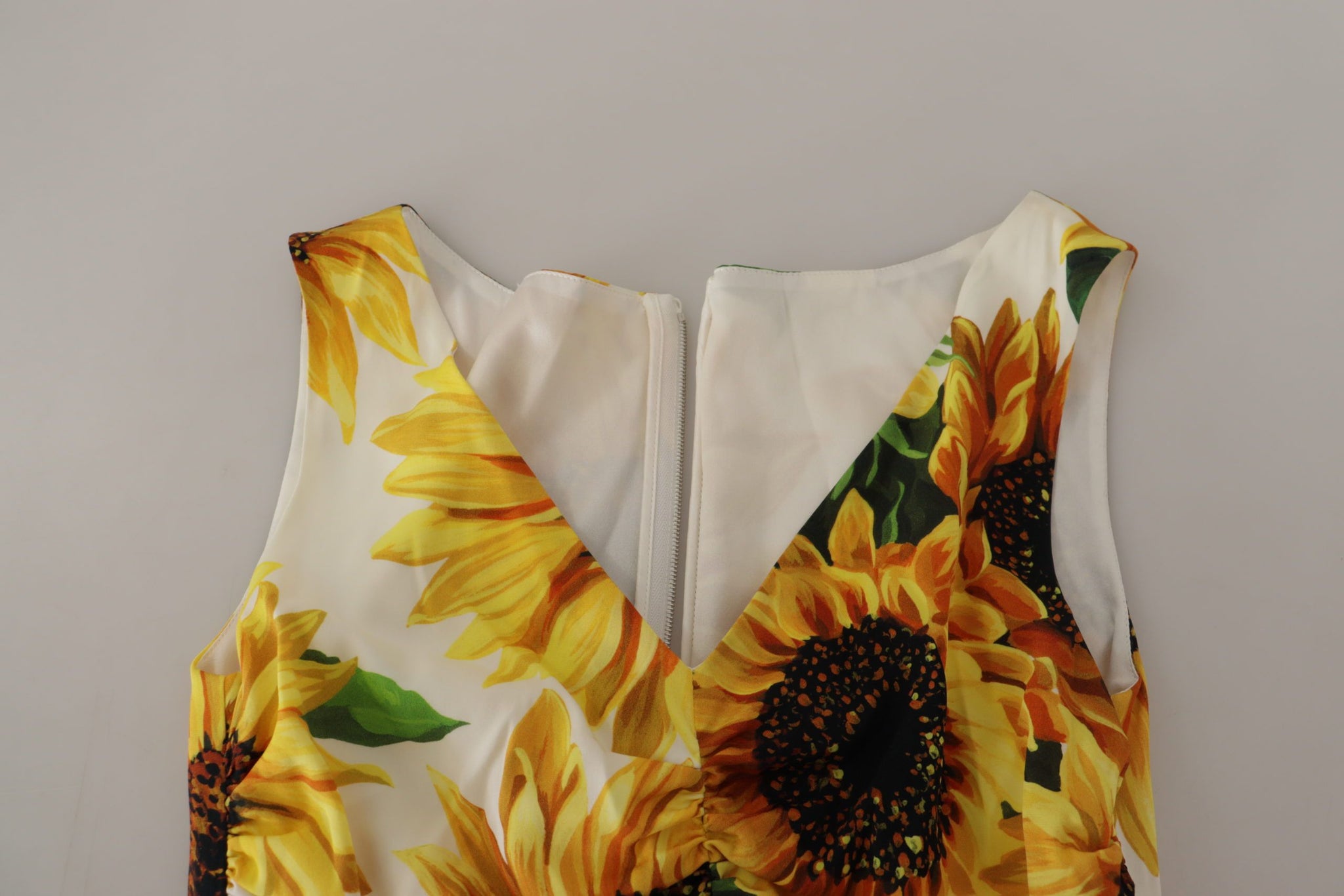 White Sunflower Print Sheath Midi Silk