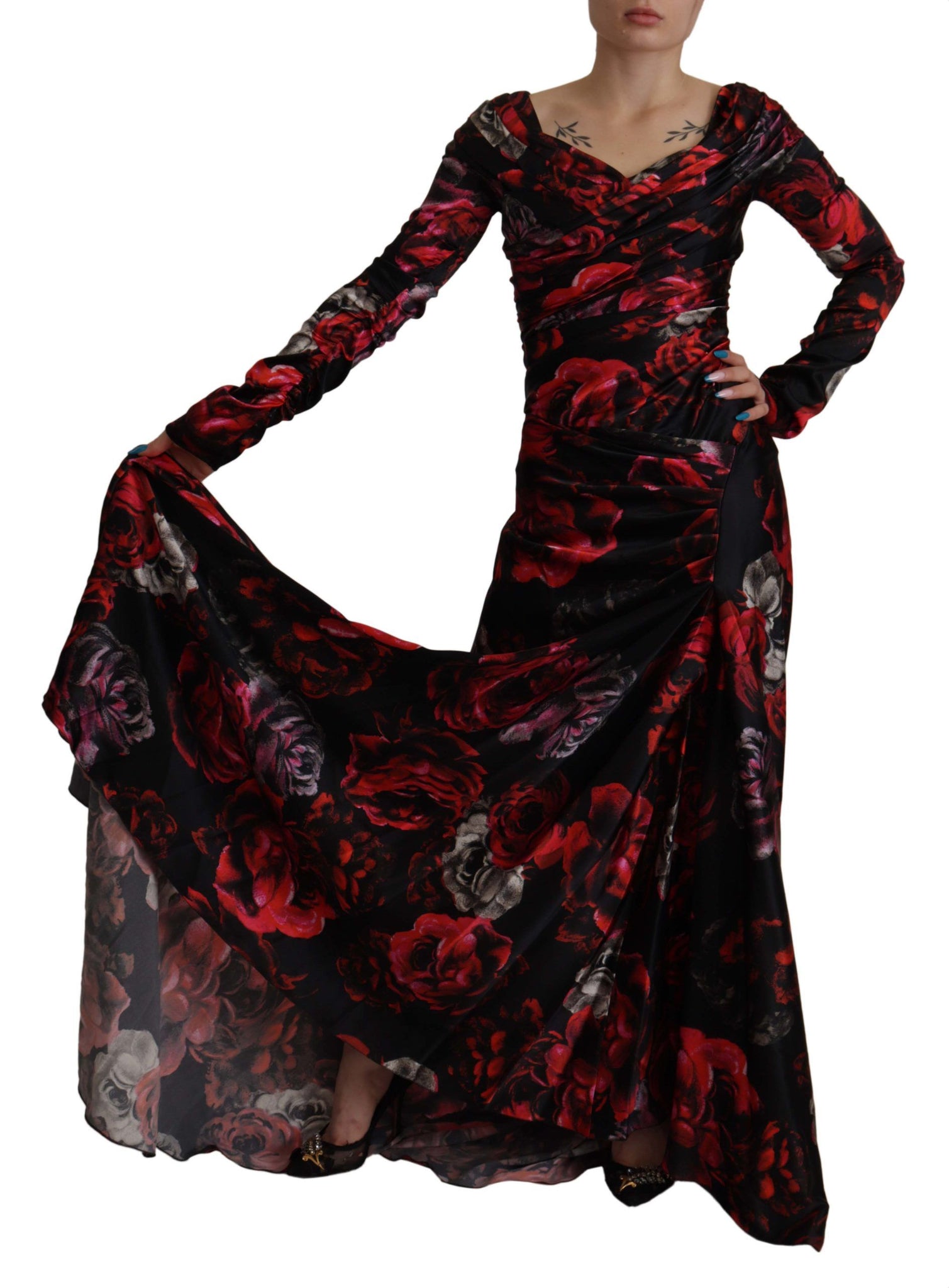 Black Floral Roses A-Line Sheath Gown Dress