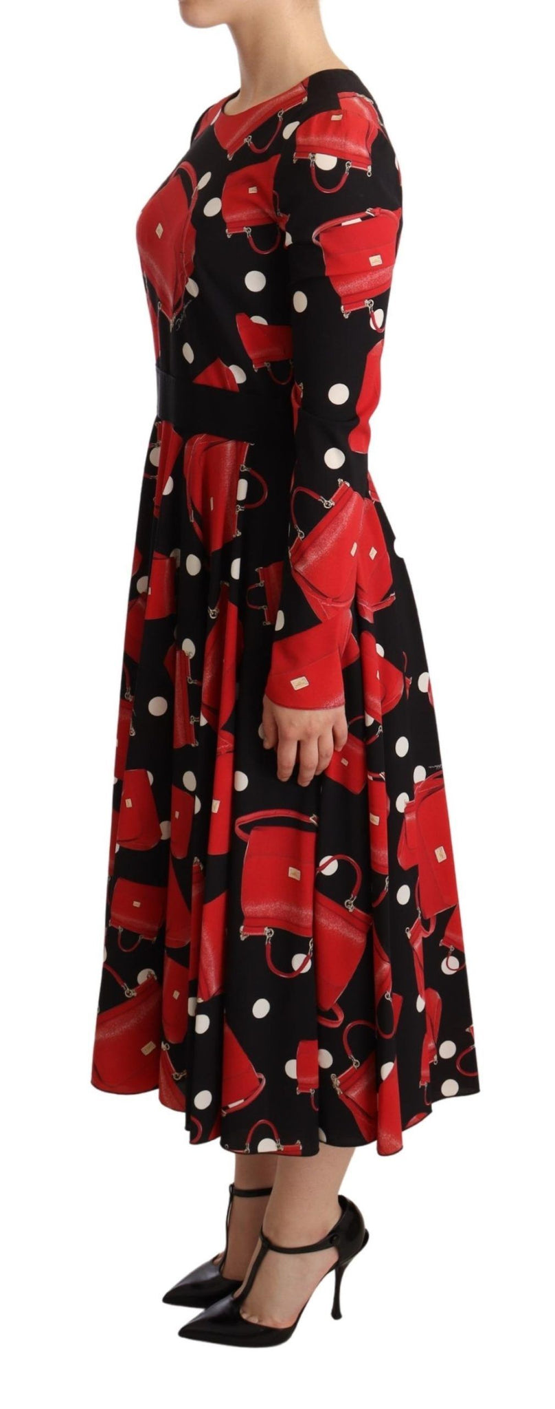 Black Sicily Bag Print Flared Midi Dress