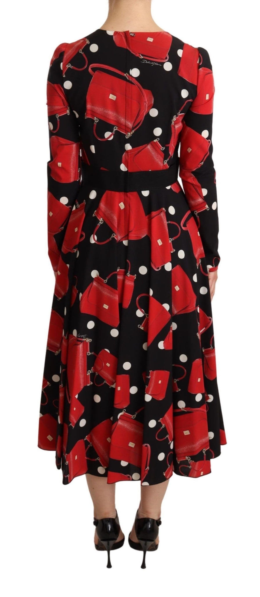 Black Sicily Bag Print Flared Midi Dress