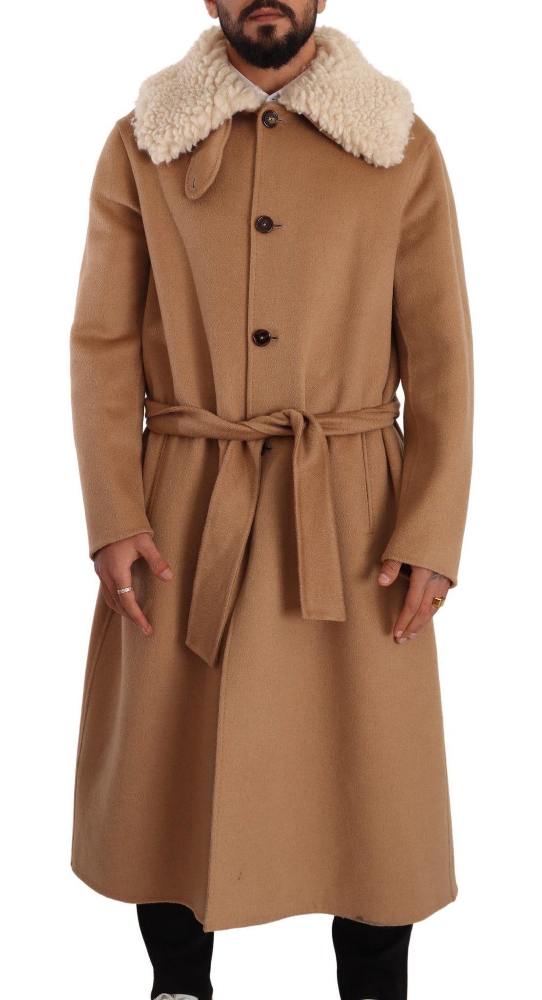 Beige Camel Skin Cashmere Shearling Overcoat Jacket