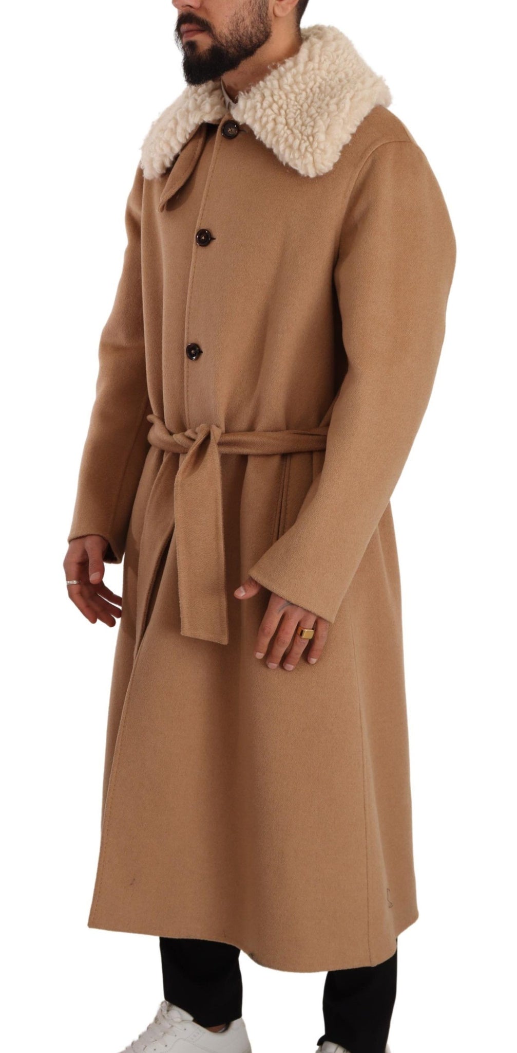 Beige Camel Skin Cashmere Shearling Overcoat Jacket