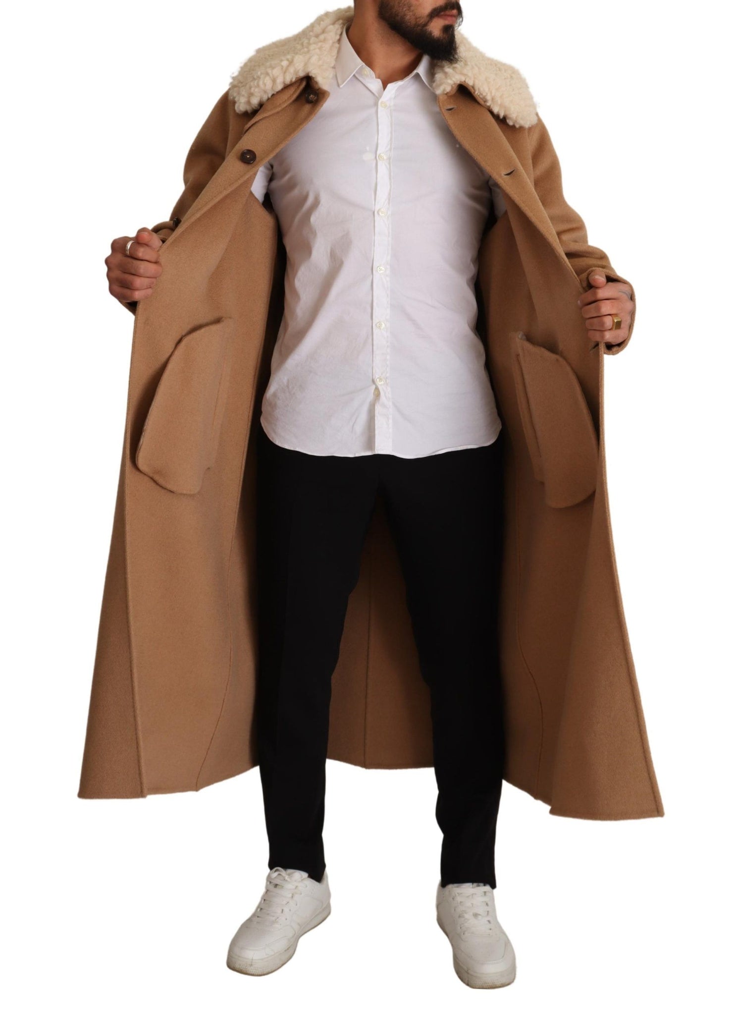 Beige Camel Skin Cashmere Shearling Overcoat Jacket