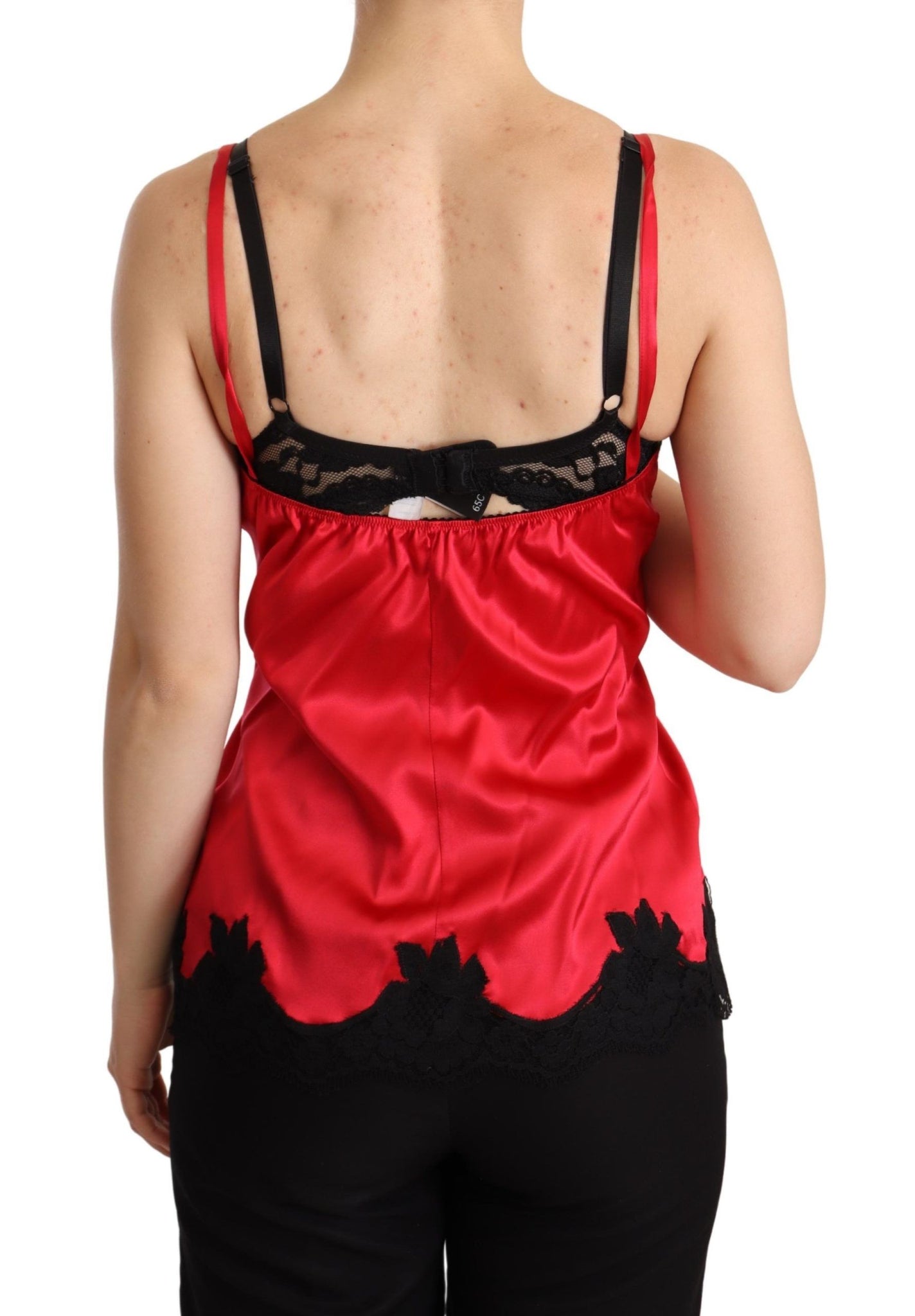 Red Floral Lace Trimmed Silk Satin Camisole Top