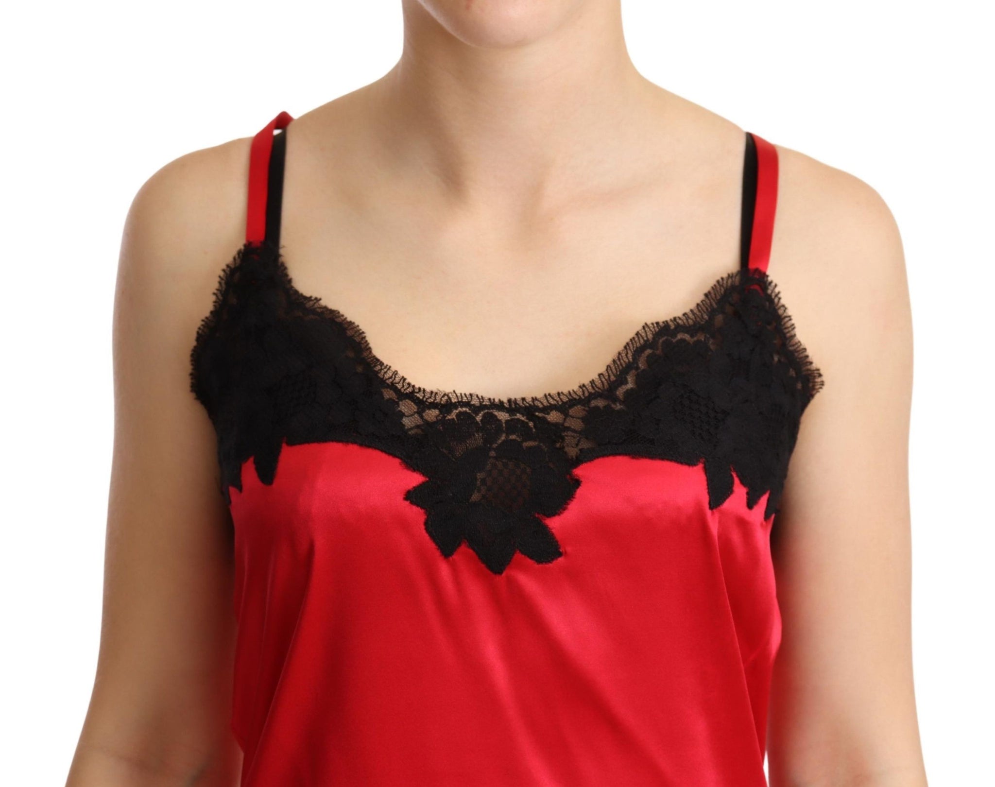 Red Floral Lace Trimmed Silk Satin Camisole Top