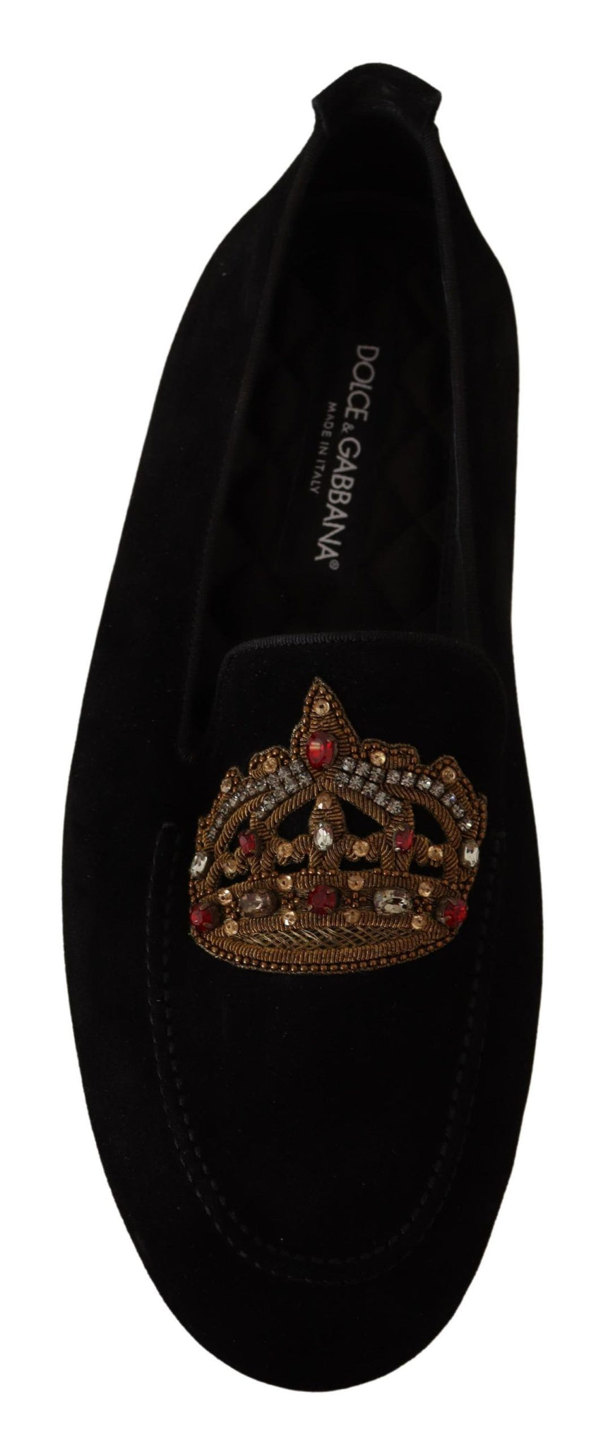 Black Leather Crystal Gold Crown Loafers Shoes