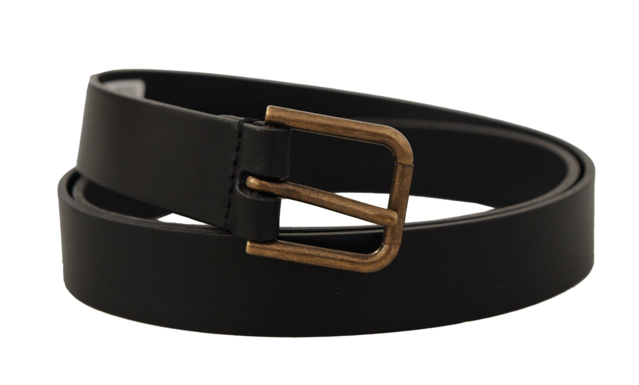 Dolce & Gabbana Black Calf Leather Brass Logo Engraved Buckle Belt