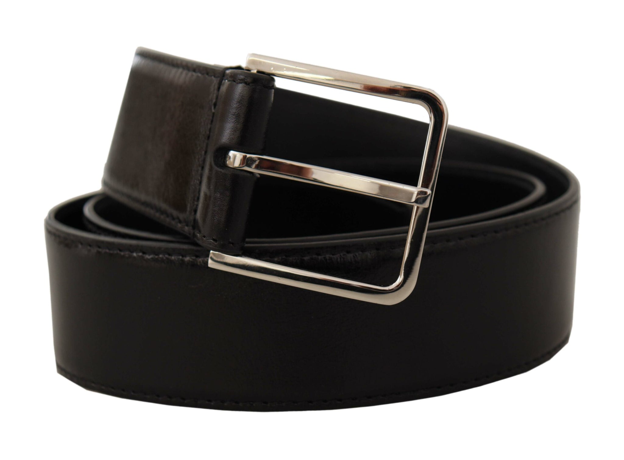 Dolce & Gabbana Black Calf Leather Logo Engraved Metal Buckle Belt