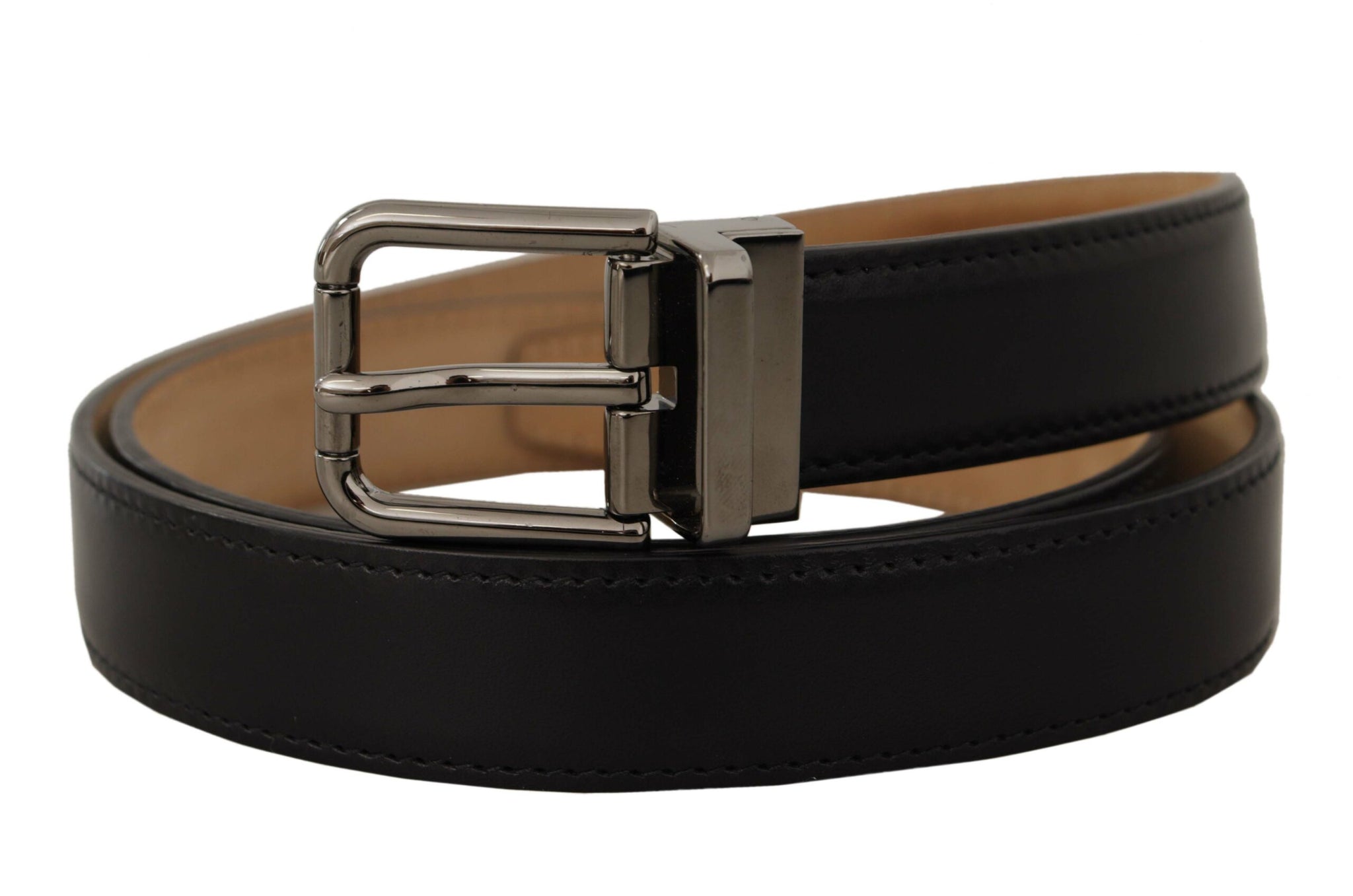 Dolce & Gabbana Black Calf Leather Logo Engraved Metal Buckle Belt