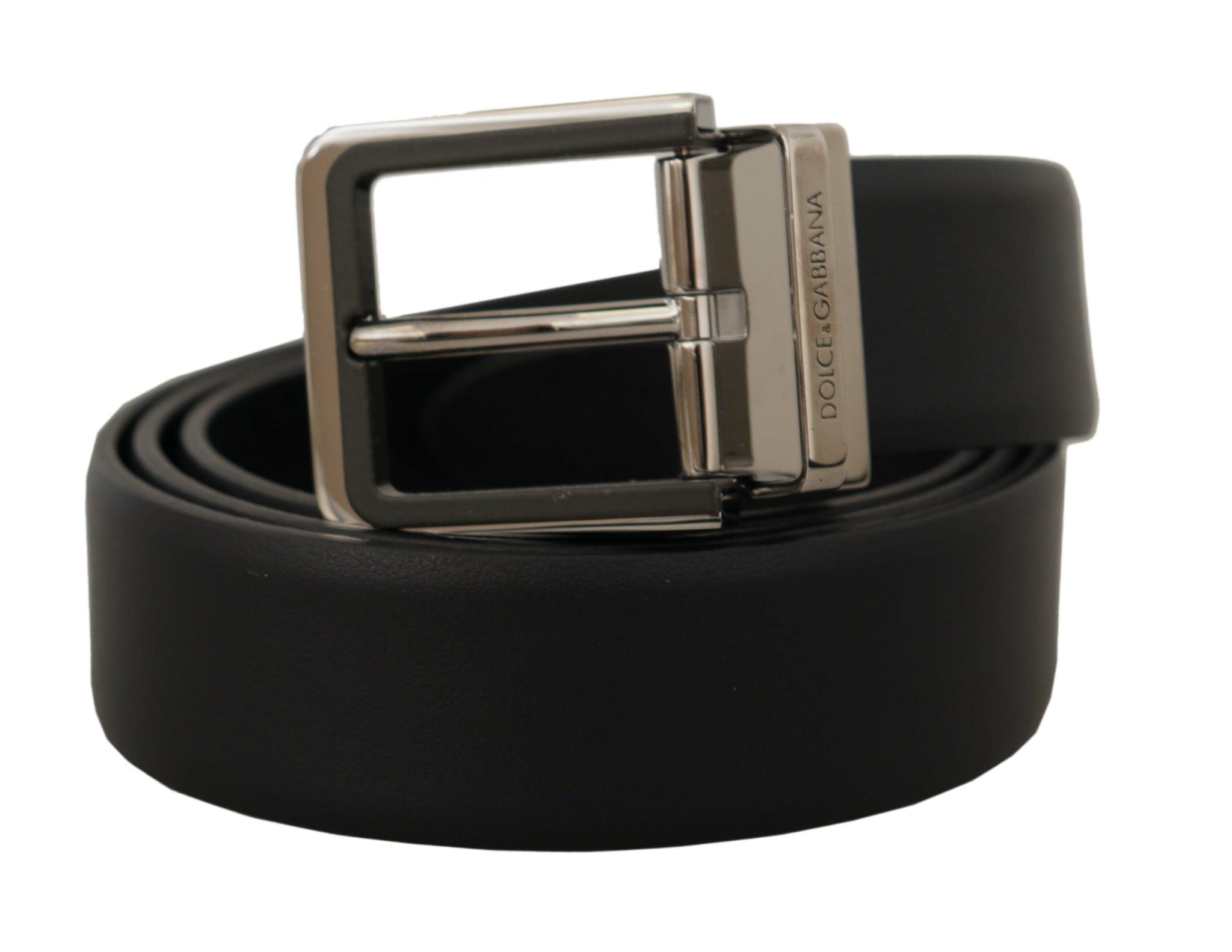 Dolce & Gabbana Black Calf Leather Logo Engraved Metal Buckle Belt