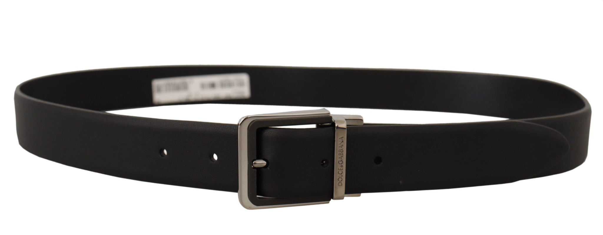 Dolce & Gabbana Black Calf Leather Logo Engraved Metal Buckle Belt