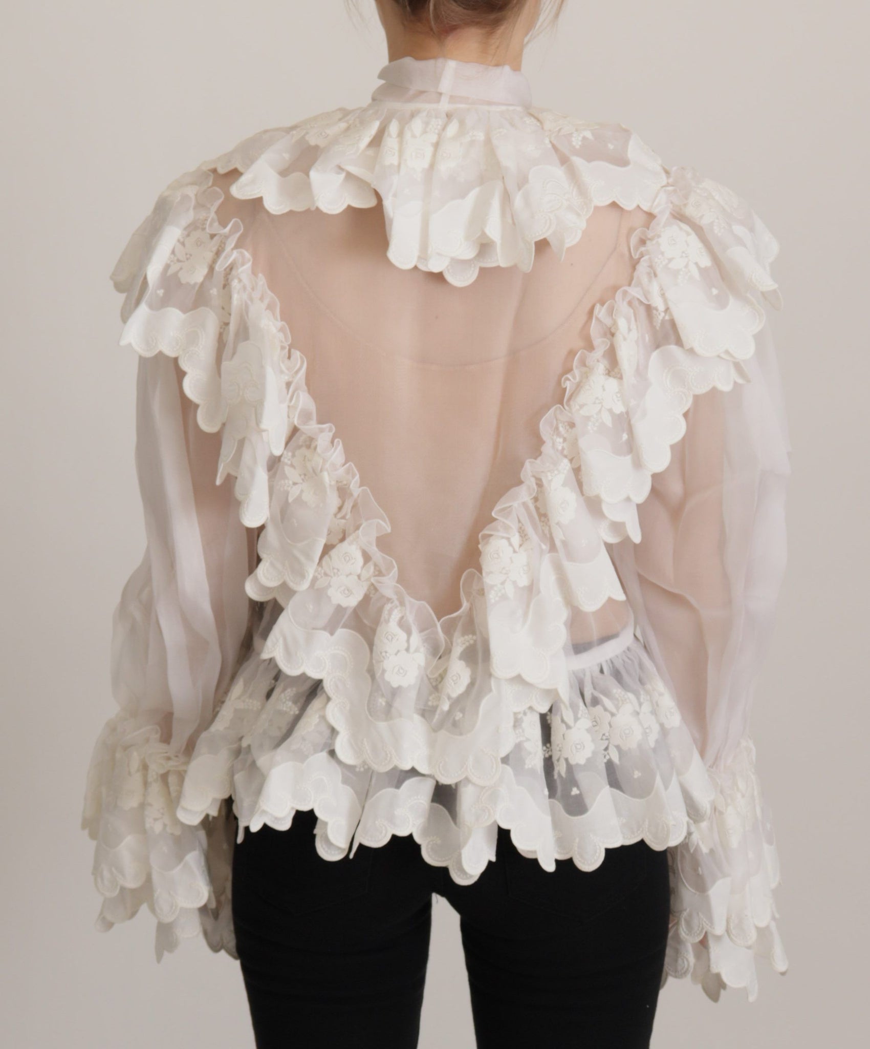 White Ruffles Lace Long Sleeve Blouse Top