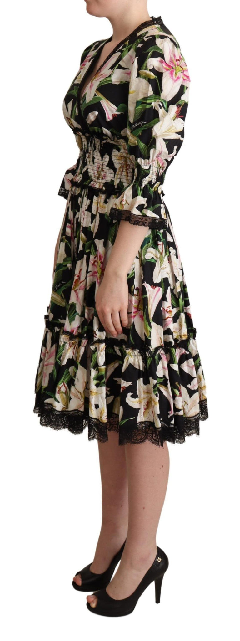 Black Cotton Lily Print Lace Trim Dress