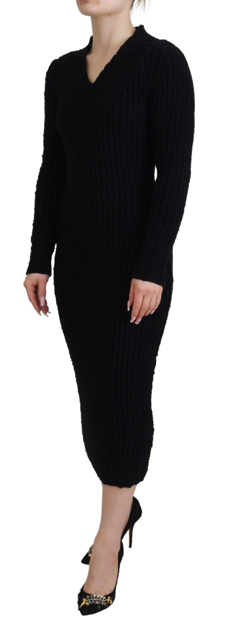 Black Wool Knitted Sheath Sweater Dress