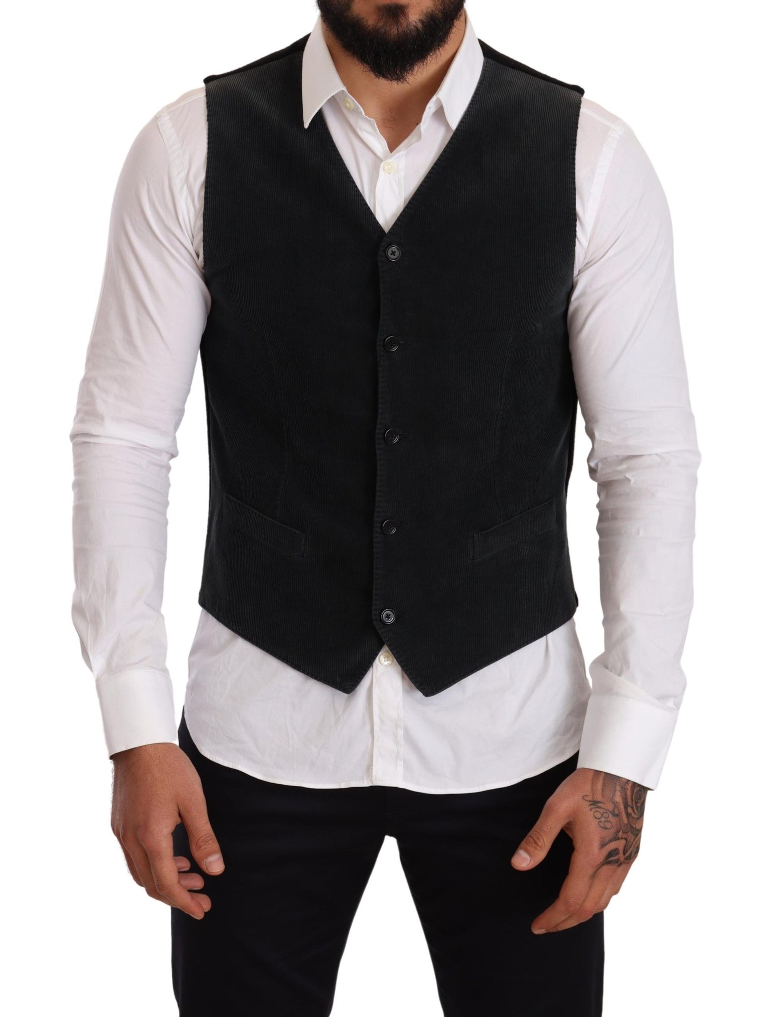 Black Cotton Single Breasted Waistcoat