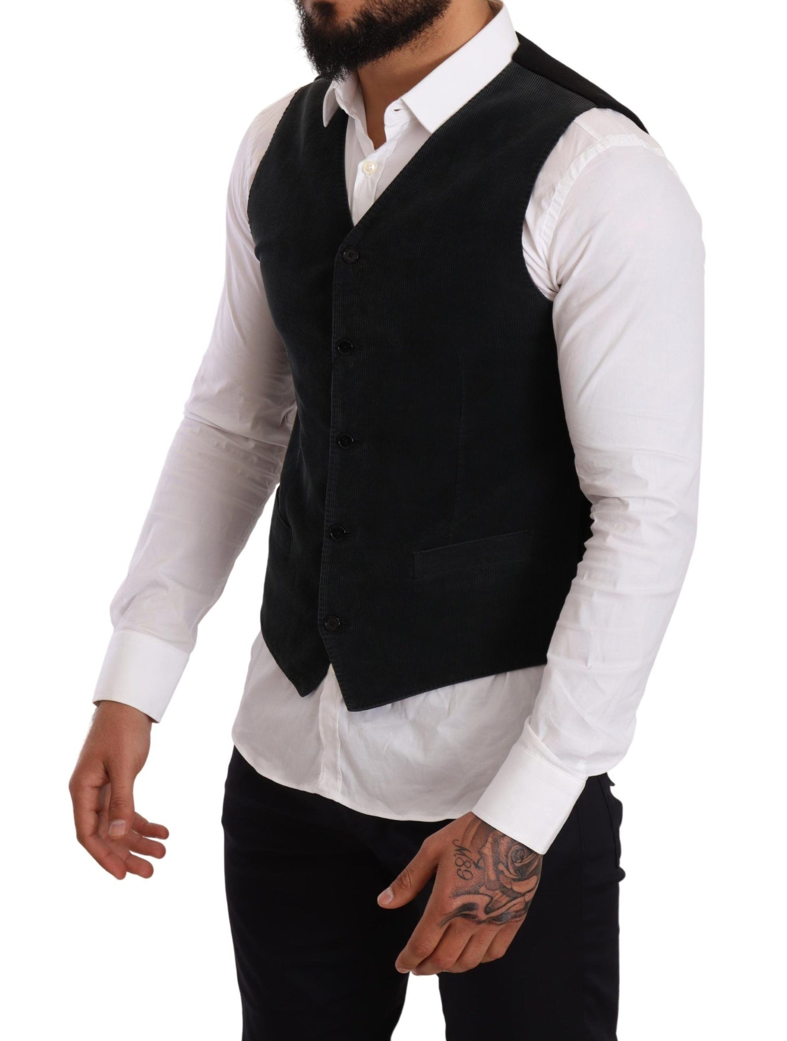 Black Cotton Single Breasted Waistcoat