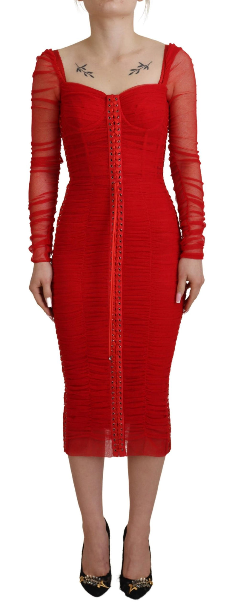 Red Mesh Trim Bodycon Sheath Midi Dress