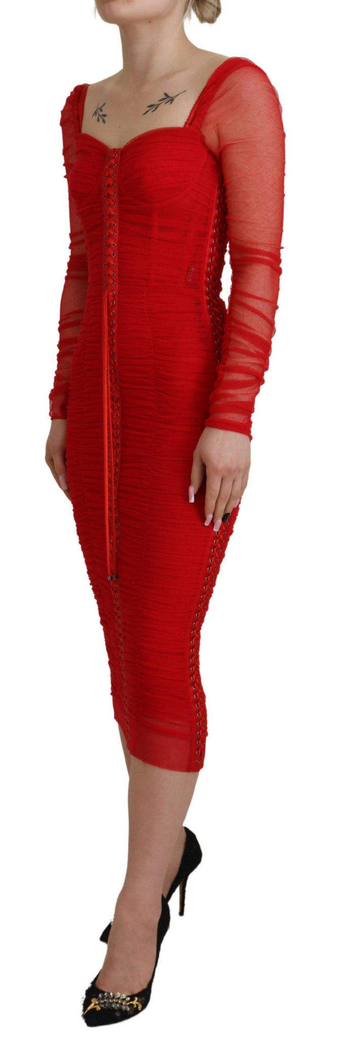 Red Mesh Trim Bodycon Sheath Midi Dress