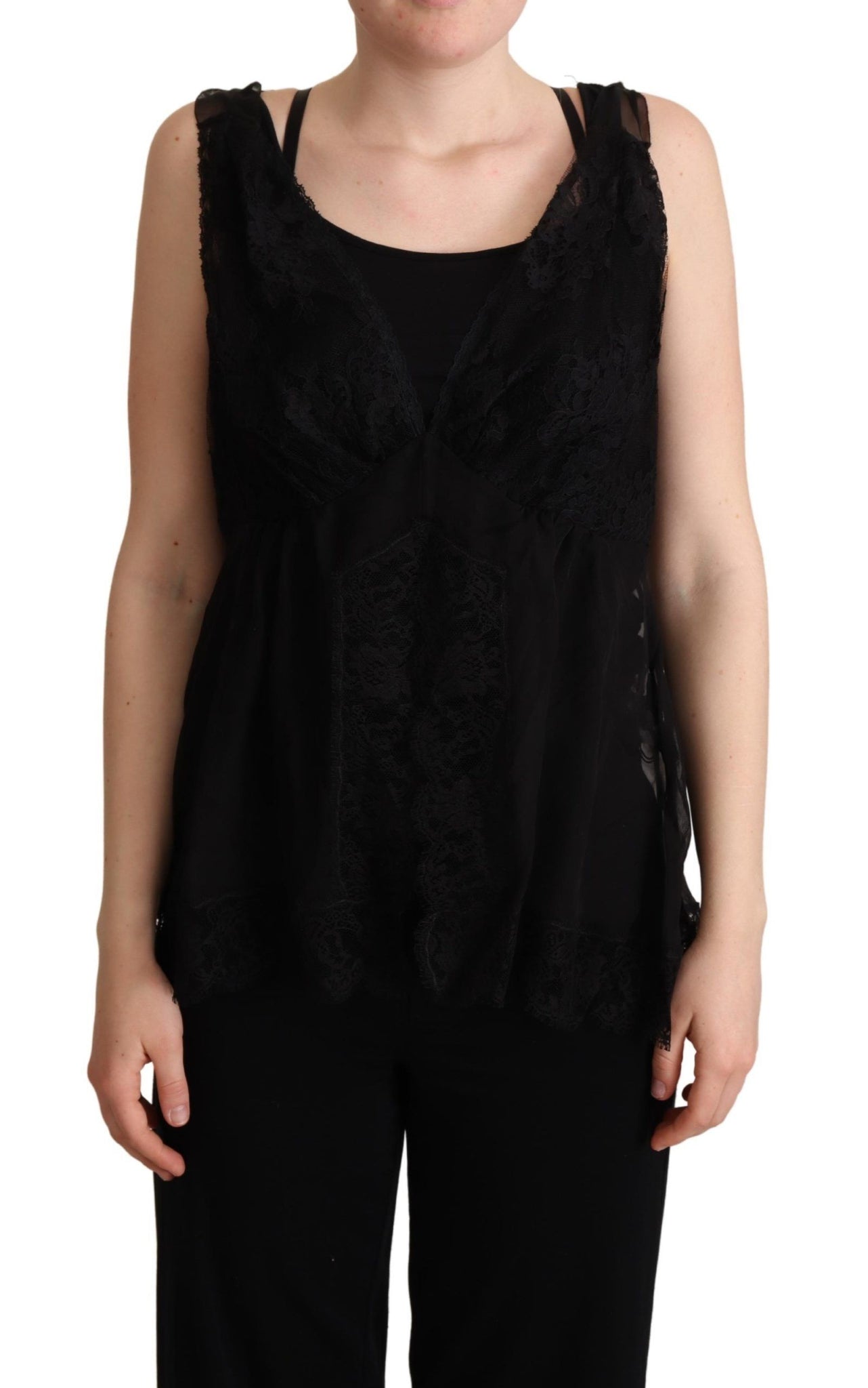 Black Silk Lace Trim Camisole Tank Top