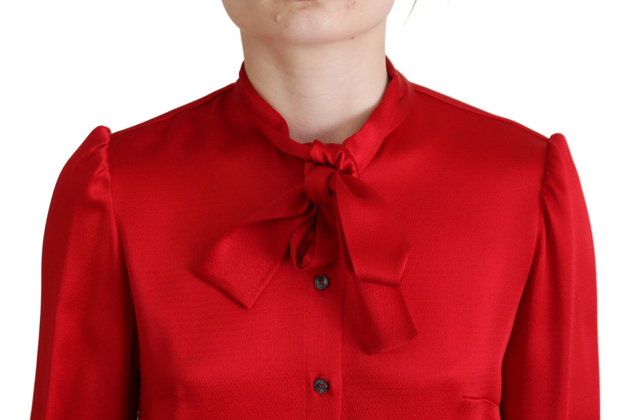 Red Ascot Collar Long Sleeves Blouse Top