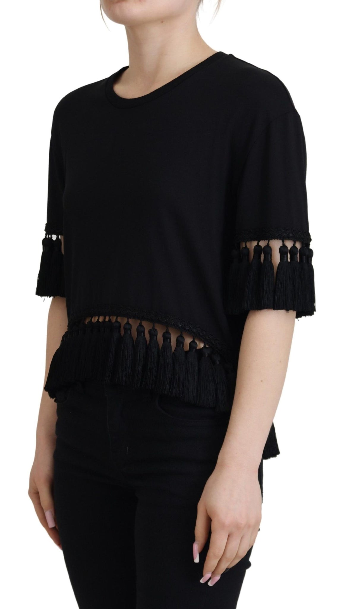 Black T-shirt Blouse Tassle Cotton Blouse