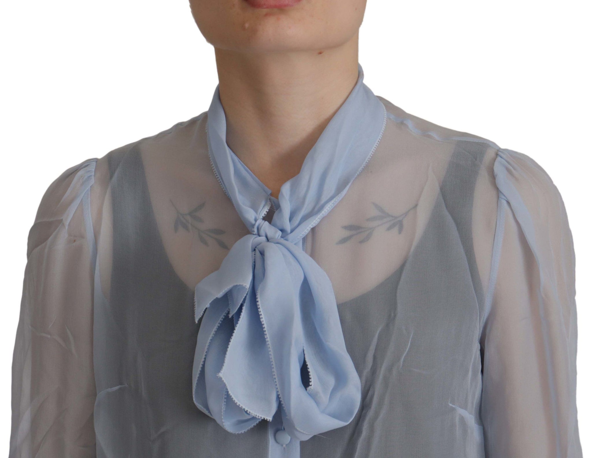 Light Blue Silk Ascot Collar Long Sleeves Top