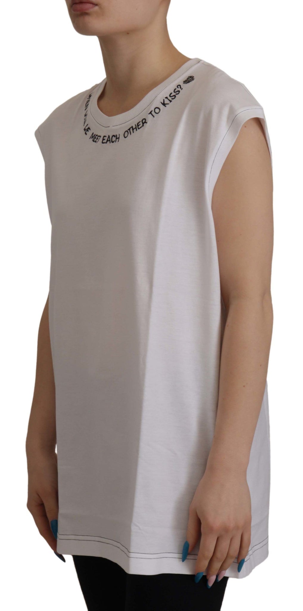 White Cotton Printed Round Neck Tank Top