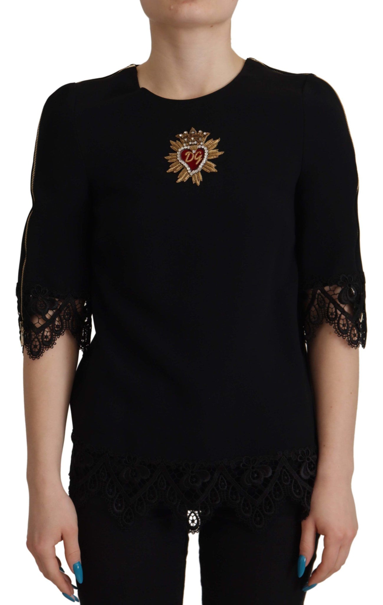 Black Cady Lace Trim Bead Embellished Logo Blouse