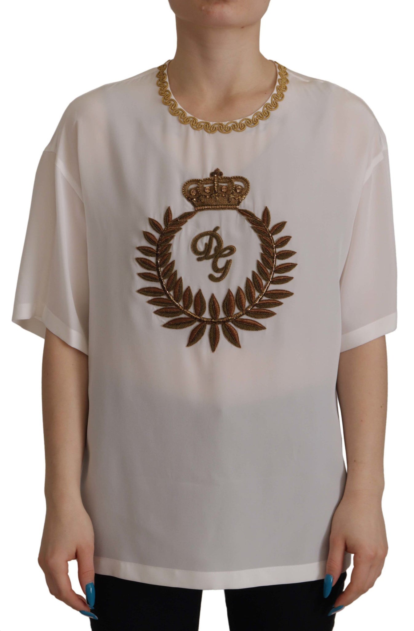 White Silk Gold DG Crown Crystal Blouse Top