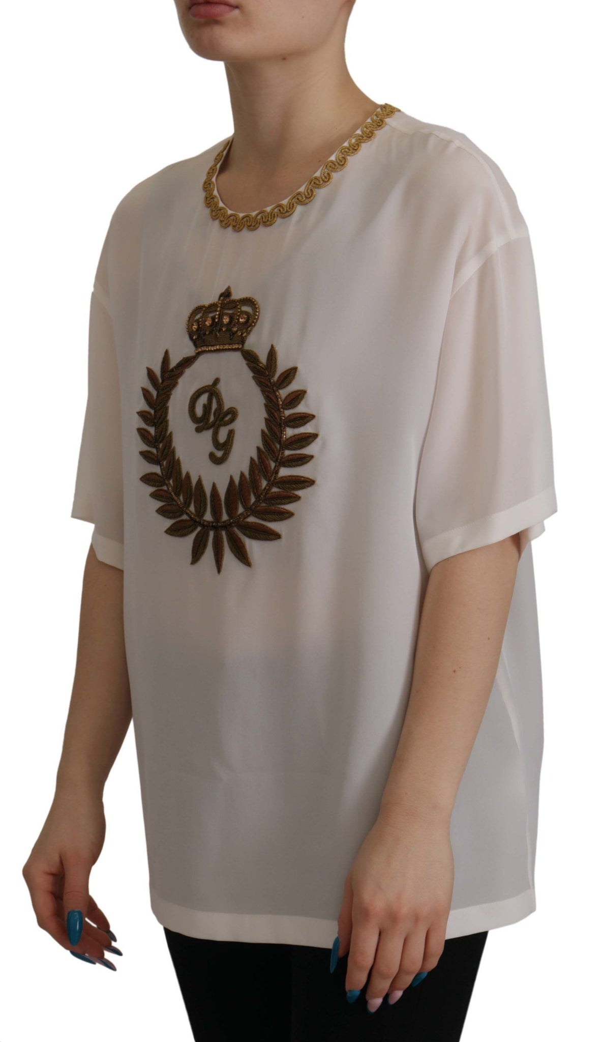 White Silk Gold DG Crown Crystal Blouse Top