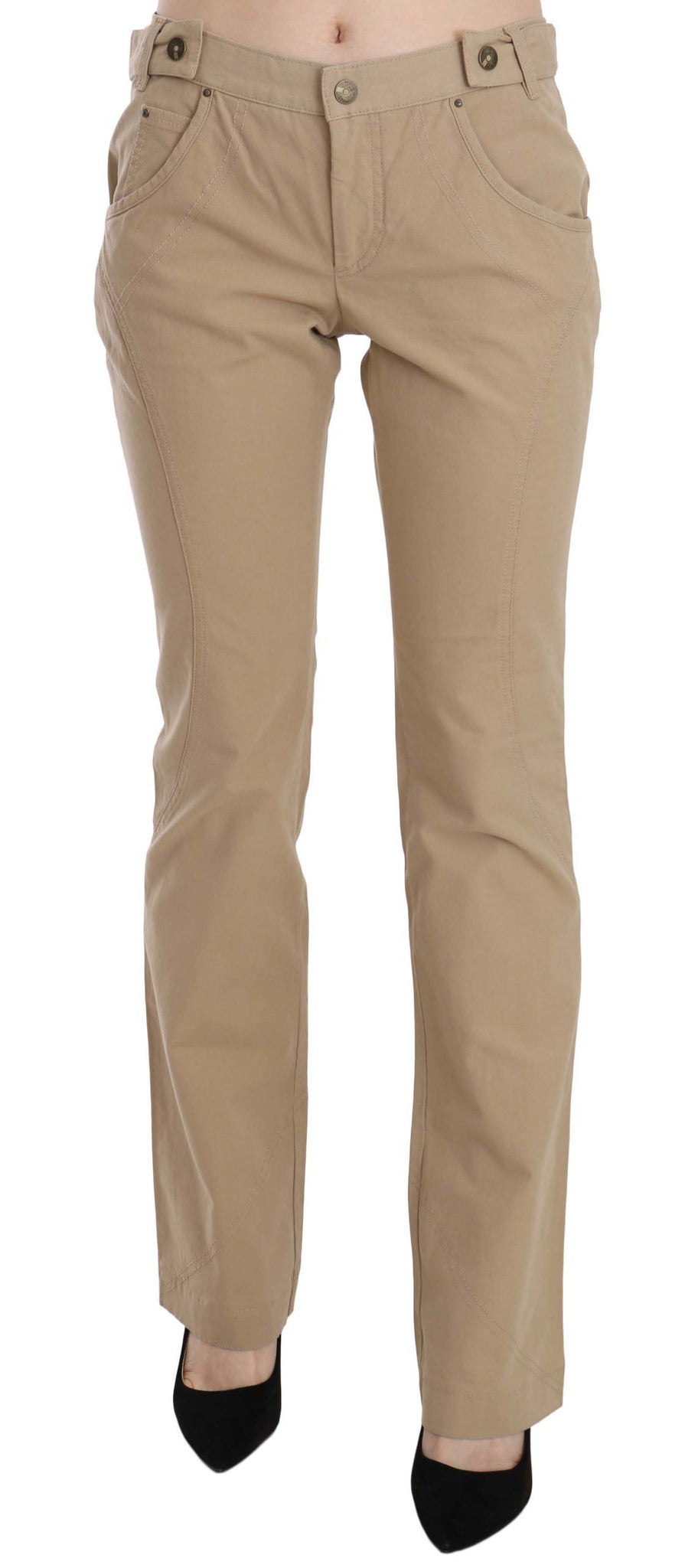 Beige Cotton Mid Waist Straight Trousers Pants