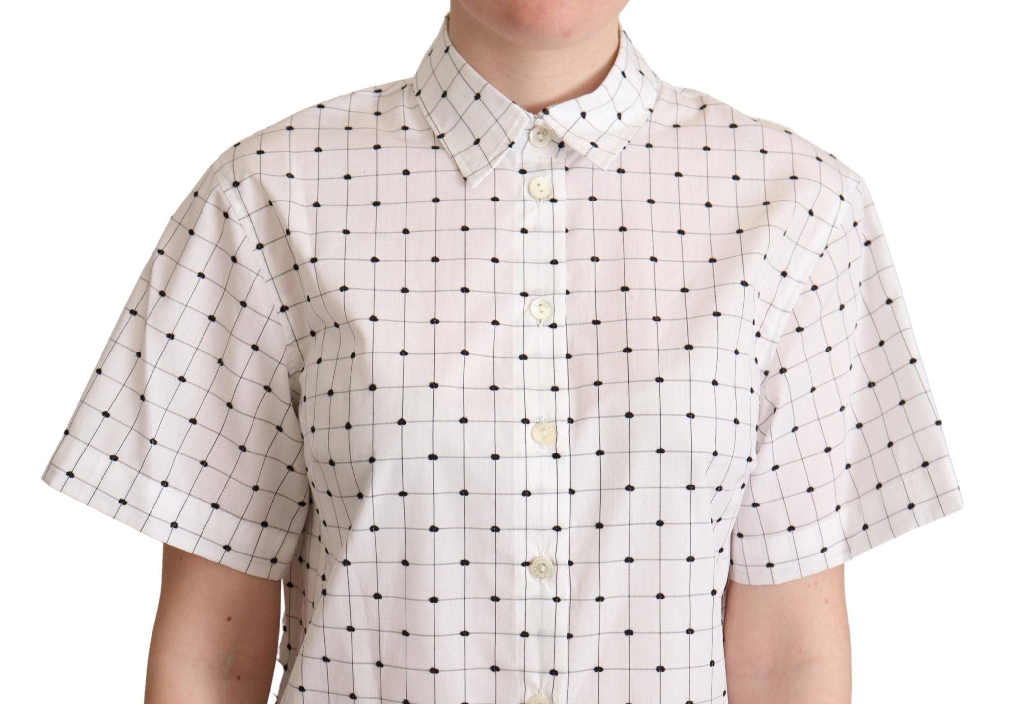 White Polka Dot Cotton Collared Shirt Top