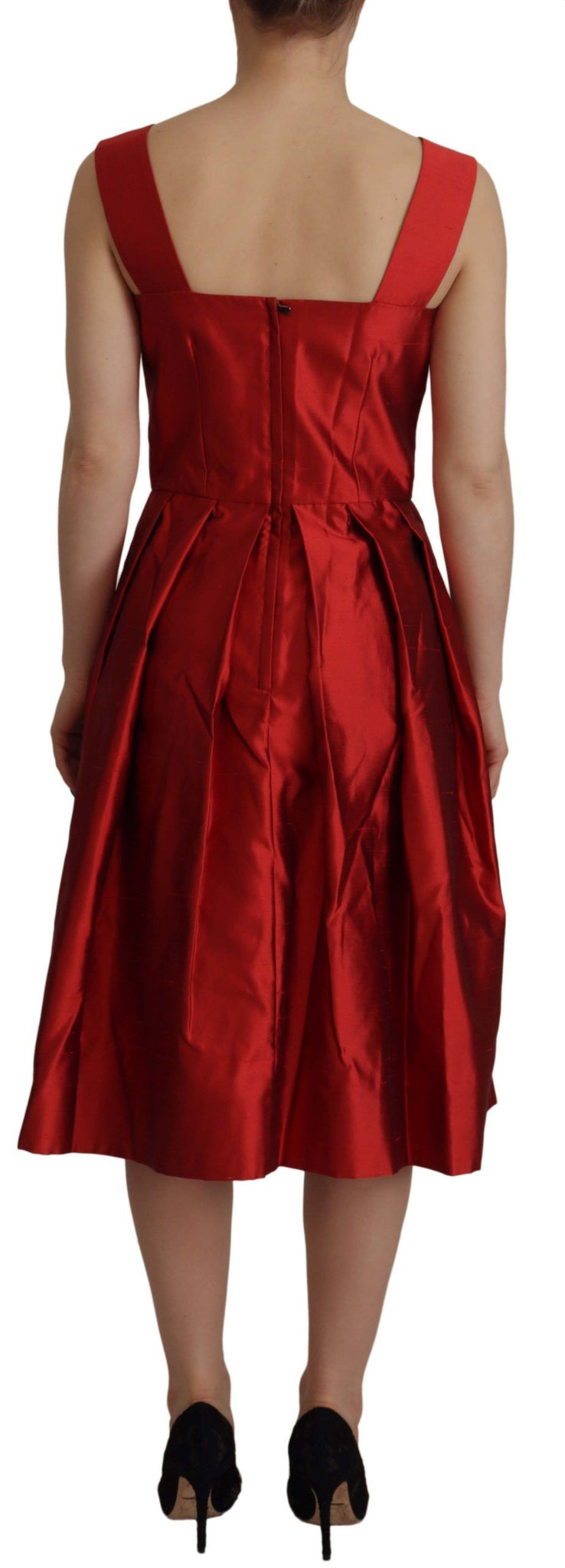 Red A-line Pleated Satin Silk Dress