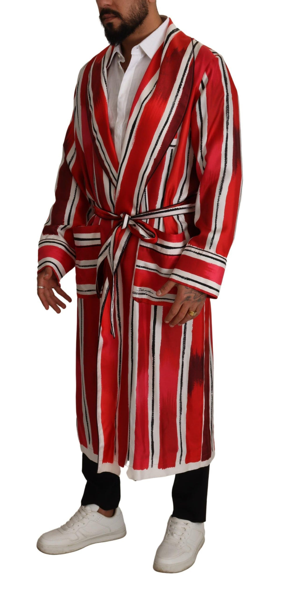 Red White Striped Silk Mens Night Gown Robe