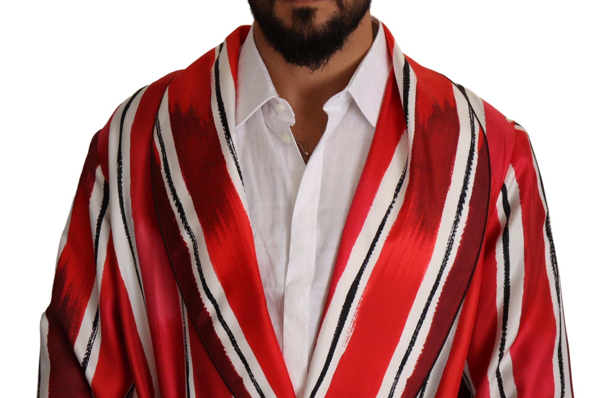 Red White Striped Silk Mens Night Gown Robe