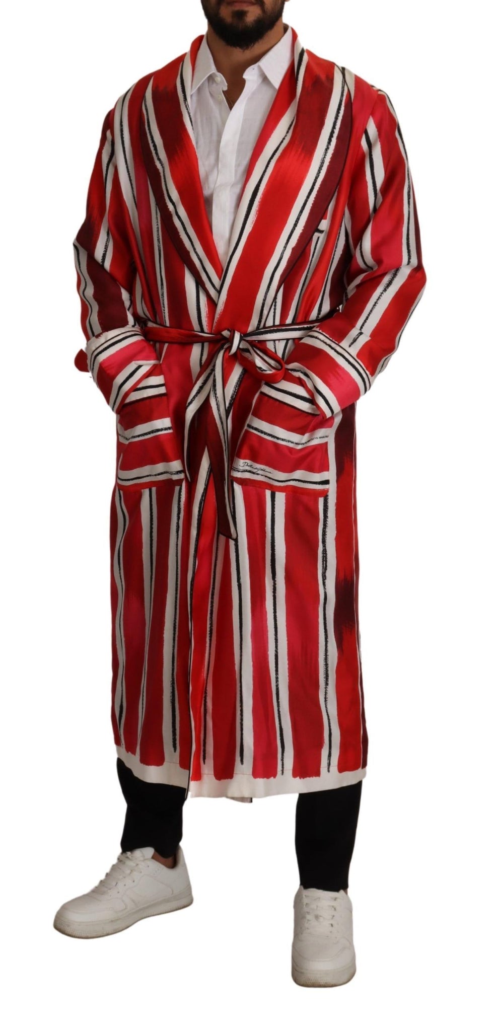 Red White Striped Silk Mens Night Gown Robe